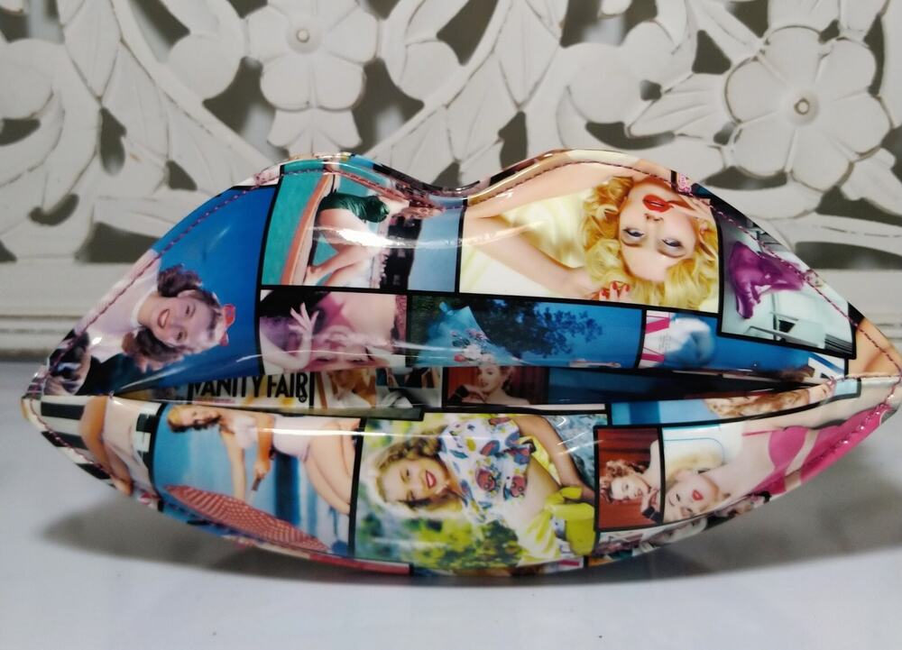 Vintage Style Novelty Lip Shaped Zipper Makeup Bag Hollywood Glam Print